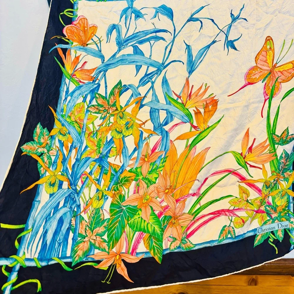 CHRISTIAN DIOR Vintage 34” 100% Silk “Floral & Butterfly” Botanical Square Scarf